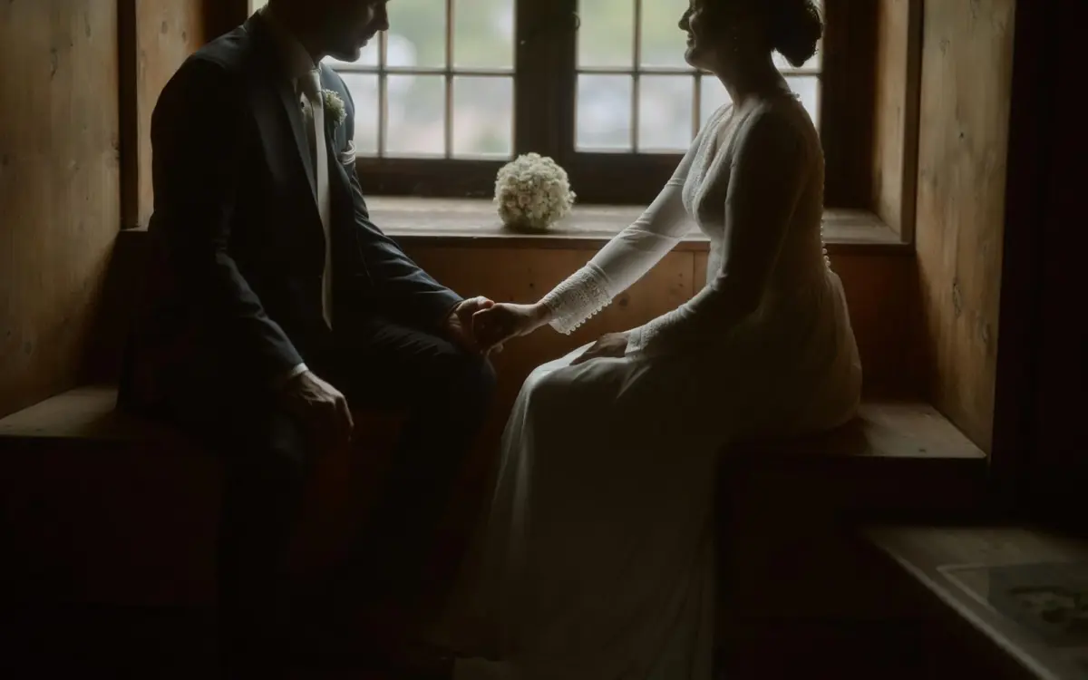 Inquire Wedding & Elopement 5 Brautpaar sitzt sich an einem Fenster in der Burg Balzers gegenüber, hält sich an den Händen.