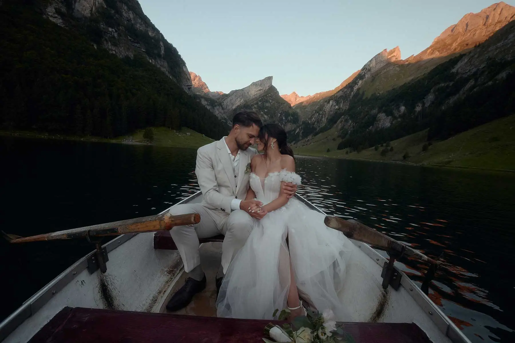 Couple at the Seealpsee in spring, Alpstein, Appenzell, Switzerland