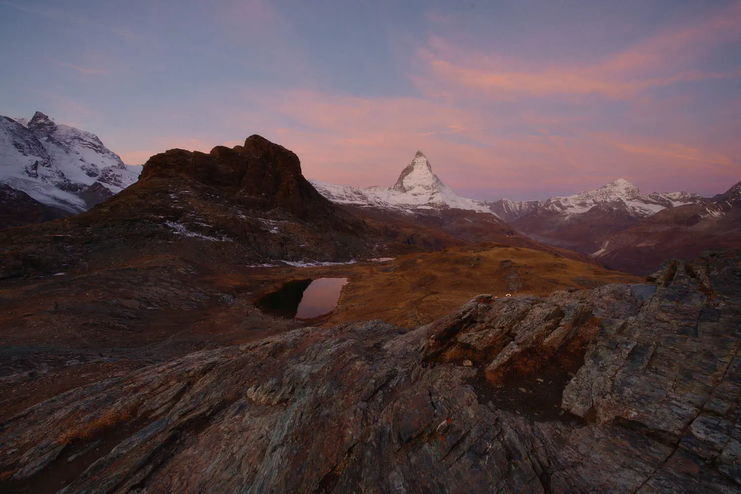 Evening view of the Matterhorn from a rocky ridge