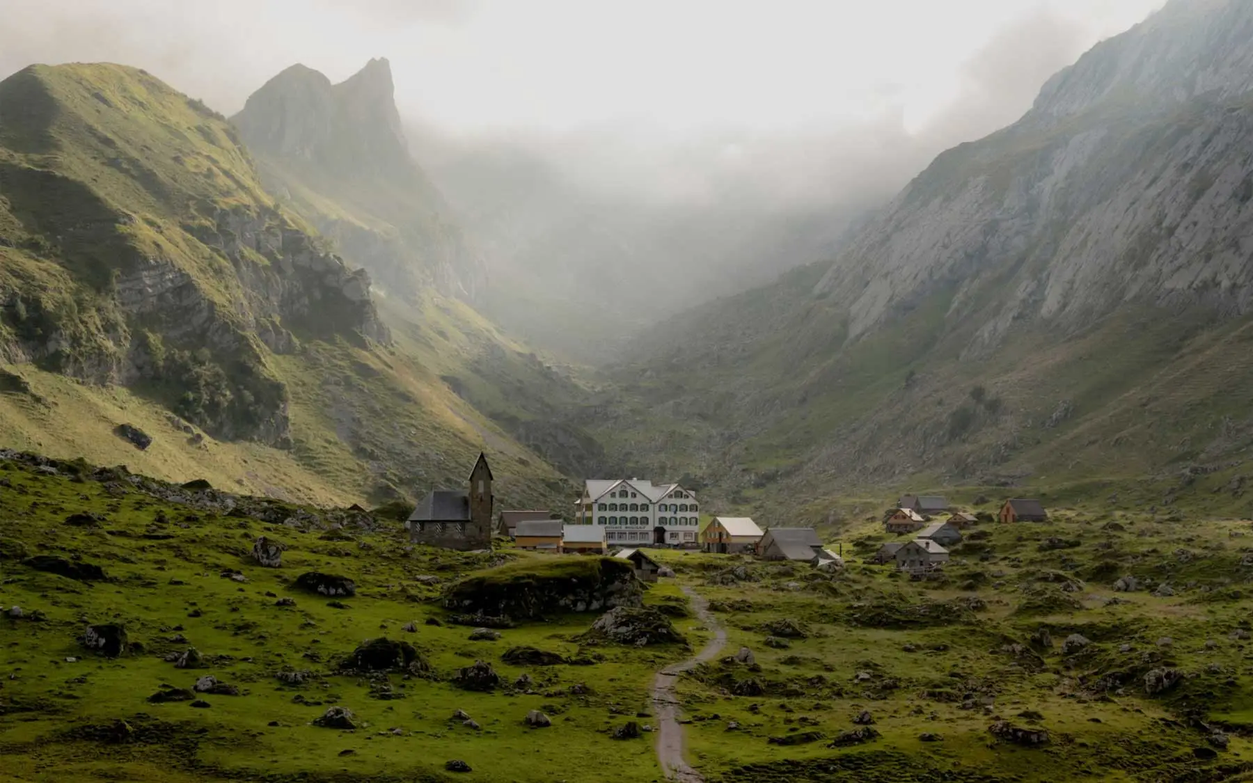 Die Meglisalp, ein kleines Alpdorf im Alpstein am Nachmittag. Dunst hängt in der Luft.
